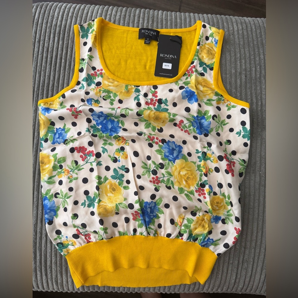 NWT Silk Floral Polka Dot Women's Top - Yellow and Blue Rondina $215